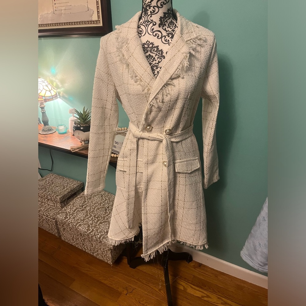 SHEIN Raffinéa Plaid Pattern Raw Trim Double Breasted Belted Tweed Dress.